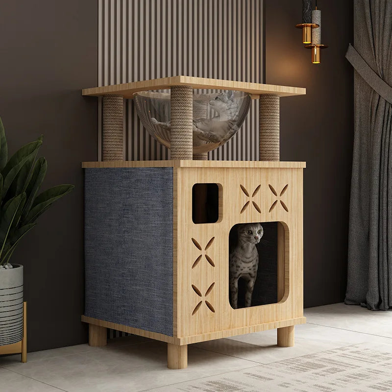 Arbre a chat design en bois - Griffoir et litière avec Hamac