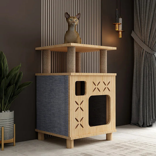 Arbre a chat design bois - Meuble griffoir et litière fermé
