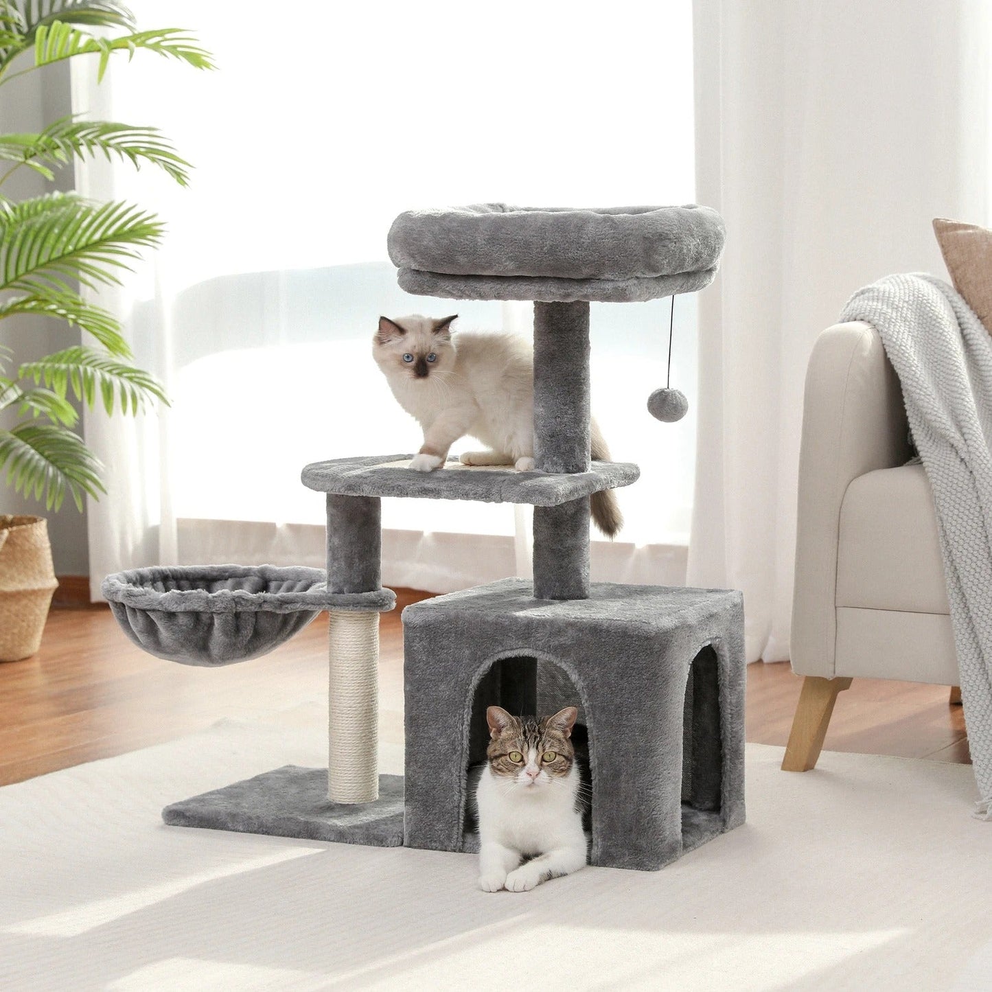 Arbre à chat beige et gris doux, nid perché avec HAMAC