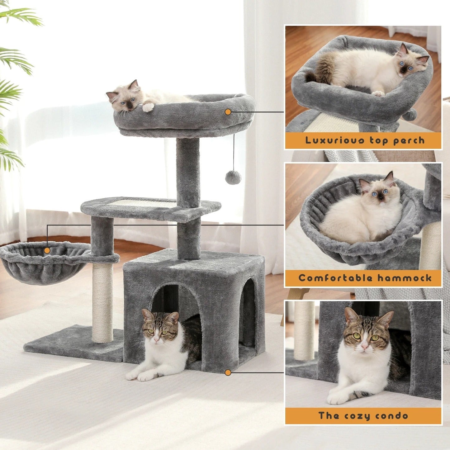 Arbre à chat beige et gris doux, nid perché avec HAMAC