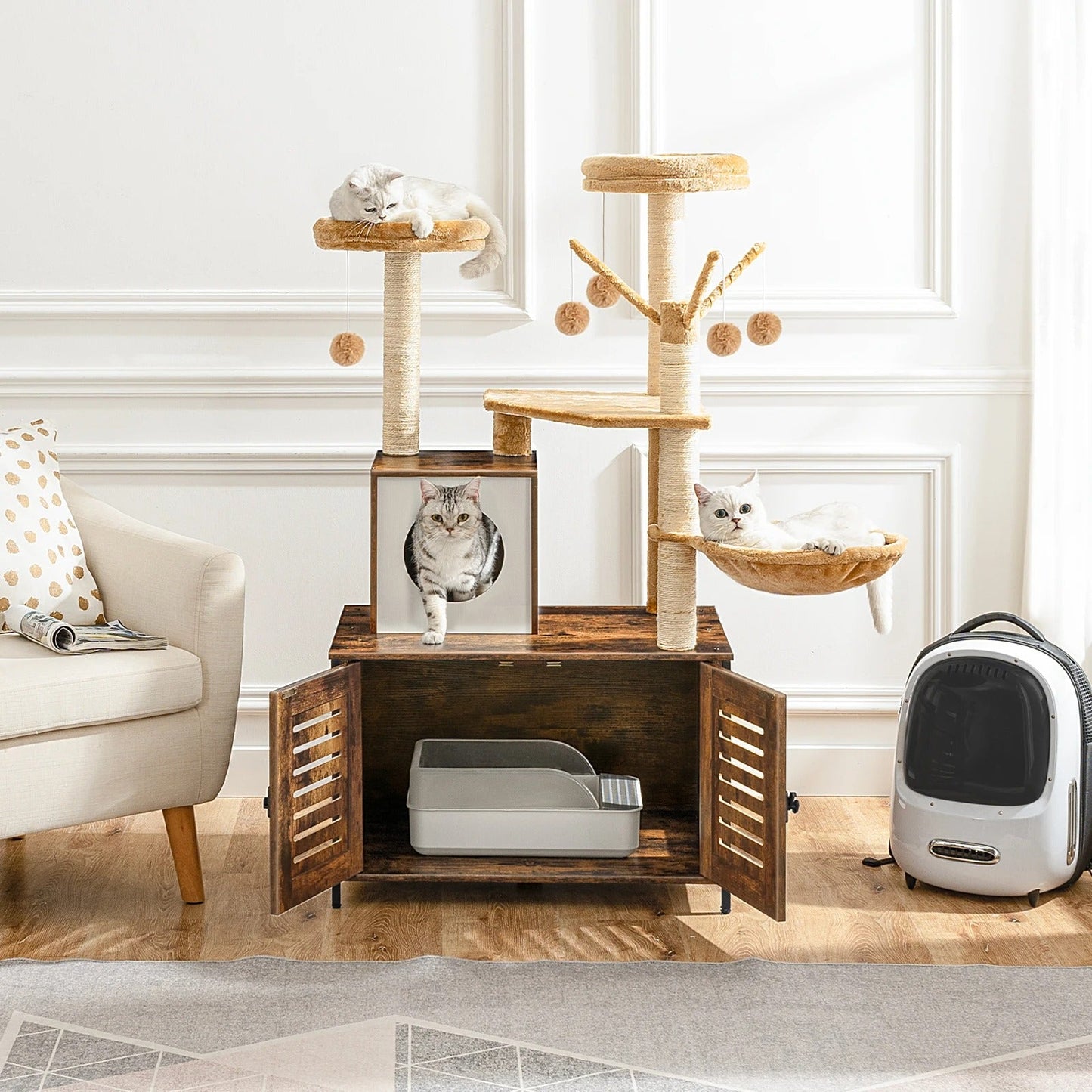 Arbre à Chat Bois design avec Bac à Litière - LuxeNest