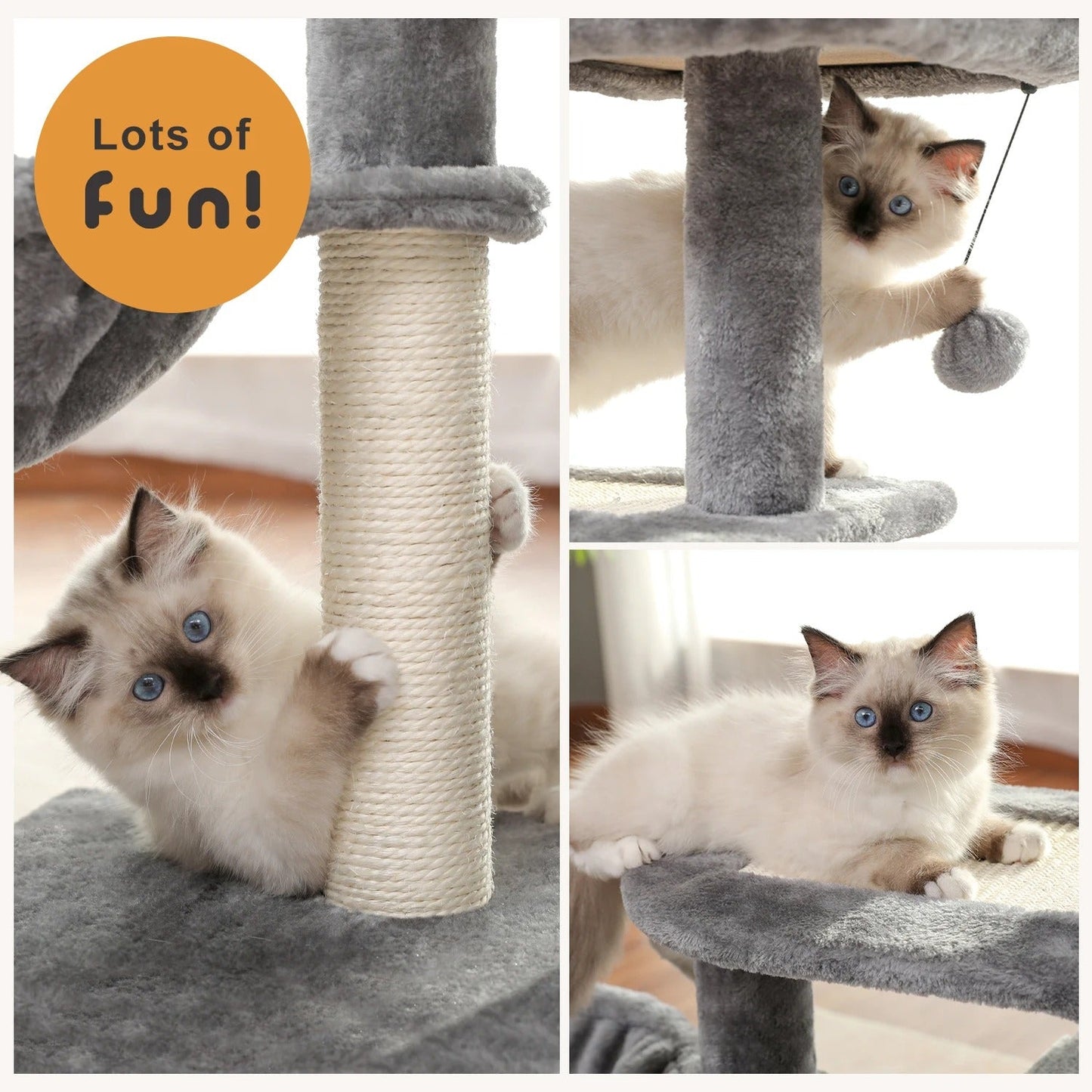Arbre à chat beige et gris doux, nid perché avec HAMAC