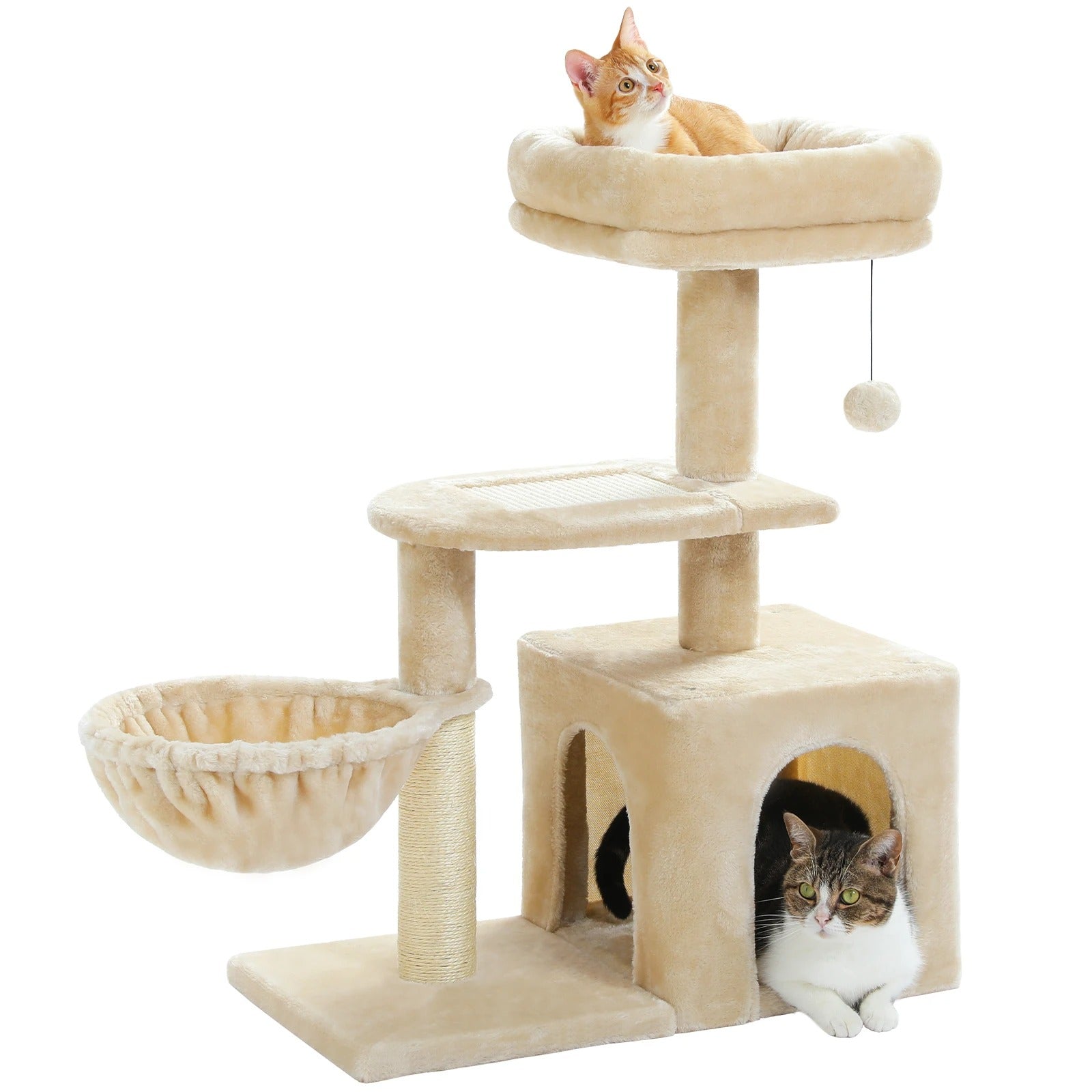 Arbre à chat beige et gris doux, nid perché avec HAMAC