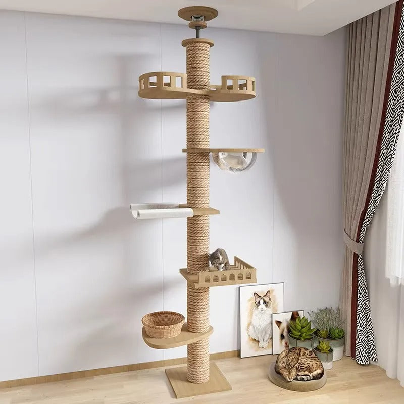 SkyCat Arbre à chat XXL en bois naturel du sol au plafond